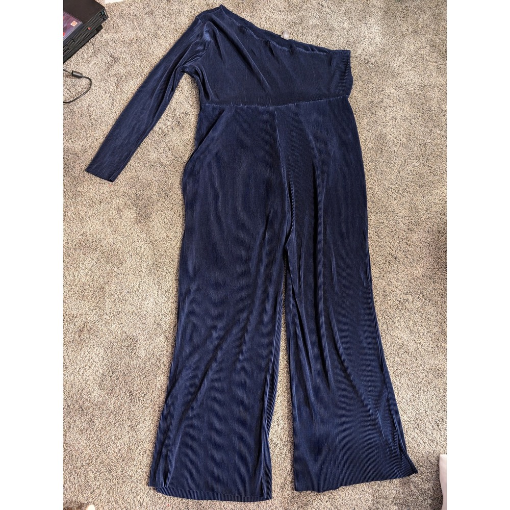 ASOS Navy Blue Pleated One Shoulder‎ Long Sleeve Wide Leg Jumpsuit Plus Size 18